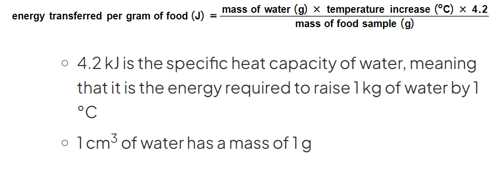 <p>-4.2 kJ is the specific heat capacity of water, meaning that it is the energy required to raise 1kg of water by 1<span>°C</span></p><p><span>-</span>1 cm<sup>3</sup> of water has a mass of 1 g</p>