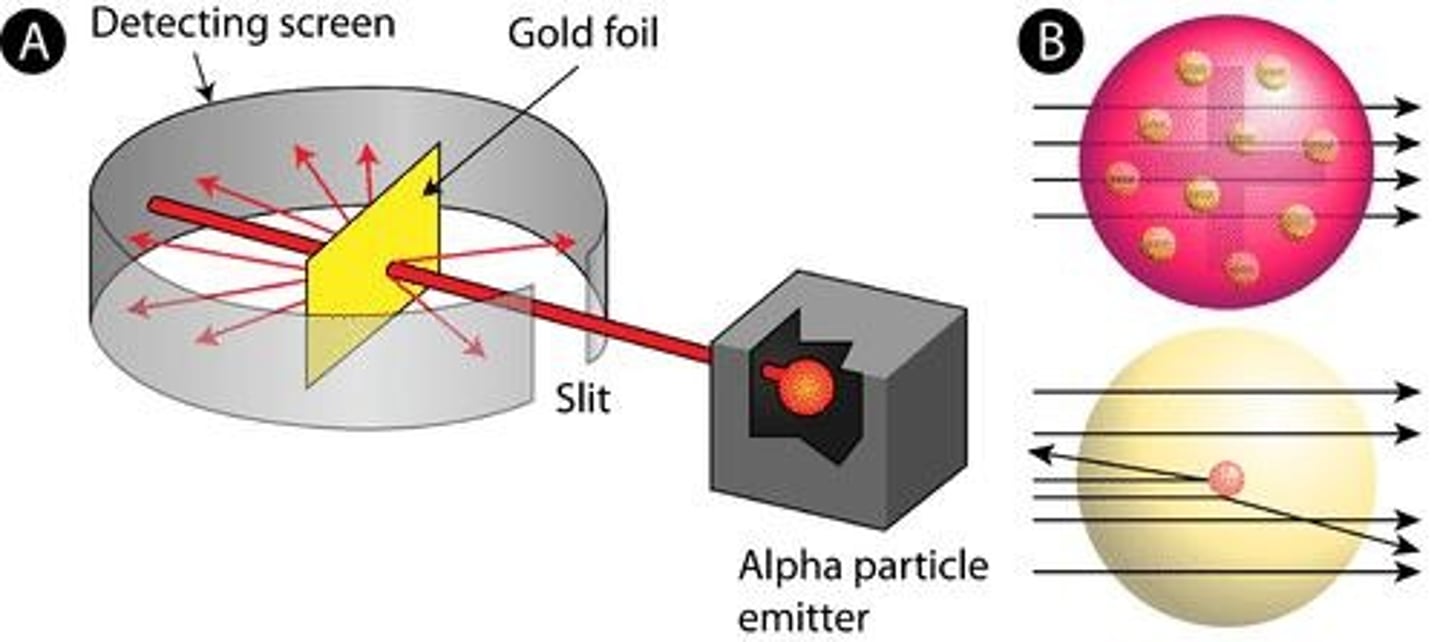 <p>Tested Thompson's theory using a thin sheet of gold foil. Discovered that most α (alpha) particles passed through the foil, while some were deflected.</p>