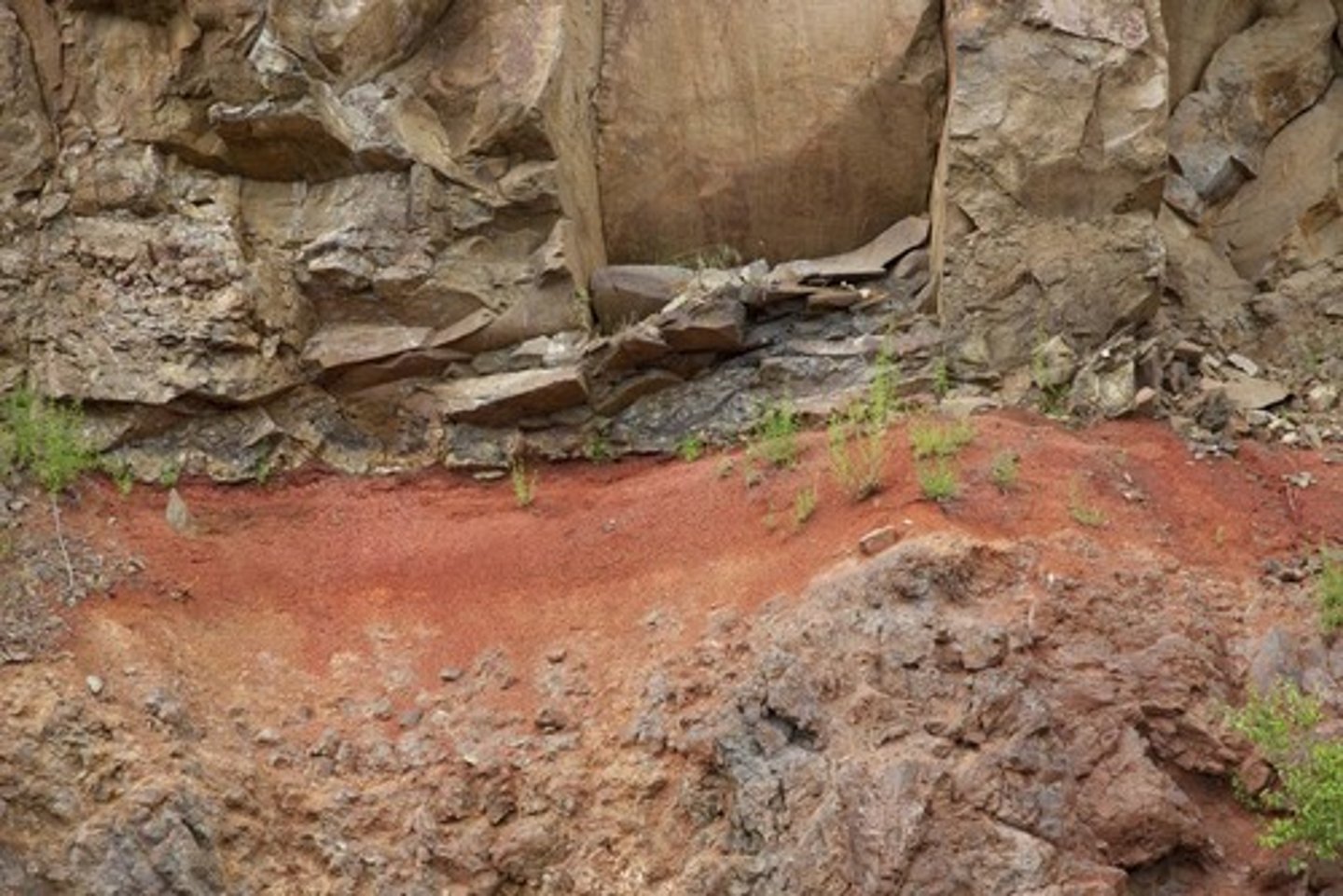 <p>ancient soils that are significantly depleted in iron before 2.4 Gyr and abundant in Iron after 2.4 Gyr, due to the fact that iron is extremely soluble and able to be carried away by groundwater when not exposed to oxygen. Proving that before 2.4 Gyr, there were very low amounts of Oxygen, and after there was.</p>