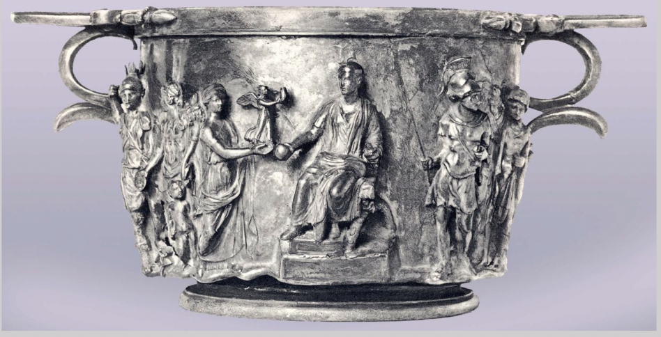 amazon-like figure of virtue, Venus and cupid, mars. elevates Augustus as aa god after his death bc he was defied. link to Augustus & Tiberius as he inherited the great mantle after Augustus. 