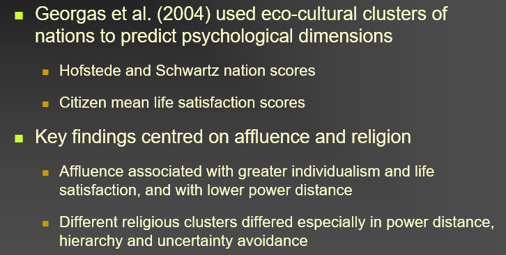 <ul><li><p>to map context of cultural differences using culture-level rather than aggregated indicators </p></li><li><p>ecological context - temperature, rainfall, resources etc.</p></li><li><p>socio-political context</p></li></ul>