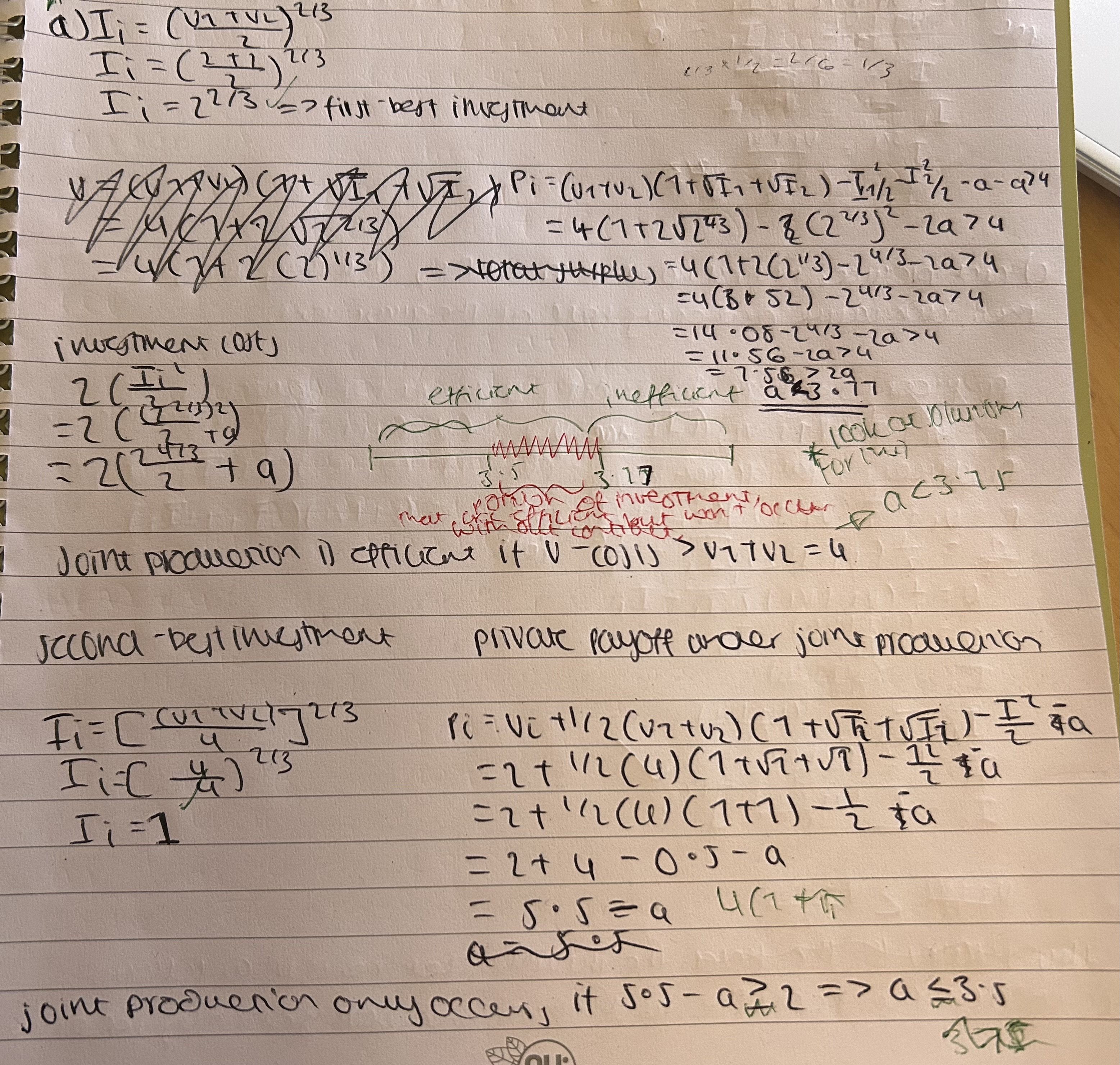 <ul><li><p>as the cost of investment is only affected by a fixed term, the optimal investment and actual investment remain the same (need to calculate this beforehand) </p><ul><li><p>replacing v1 + v2 = 4, we get I*i = 2<sup>2/3 </sup>(first-best) and Ii = 1 (actual) </p></li></ul></li><li><p>we need to compare the level of benefits with optimal vs actual investment </p></li><li><p>under efficient investment, the joint production should take place whenever the net benefit exceeds the value outside the transaction (v1 + v2 = 4) (when a <3.77) </p></li><li><p>in the case of the actual investment, parties will agree as long as each party gets more than the value of their stock outside the transaction (2) (when a < 3.5) </p></li><li><p>this means that for values of a between 3.5 and 3.7, transactions that would be efficient will not happen due to the lack of contractual commitment on investment </p></li></ul><p></p>
