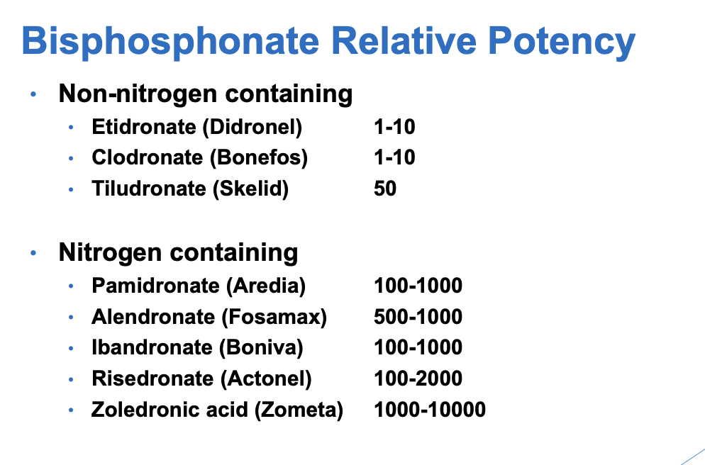 <ul><li><p>non-nitrogen containing</p></li><li><p>nitrogen containing (more)</p></li></ul><p>potency is related to likelihood of developing&nbsp;Medication-Related Osteonecrosis of the Jaws (MRONJ)</p>