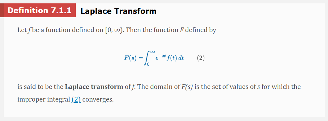 <p>Note: also denoted as <span>ℒ{f(t)}</span></p><p><span>Application: use a lowercase letter to denote the function being transformed and the corresponding capital letter to denote its Laplace transform</span></p><p>ℒ{f(t){ = F(s)</p><p>ℒ{g(t){ = G(s)</p><p>ℒ{g(i){ = I(s)</p>