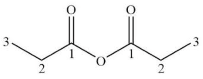 <p>Two Carbon atoms each double bonded to different Oxygen atoms connected by an Oxygen in the middle</p>