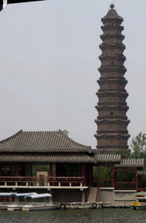 <p>Located northeast of <strong>Kaifeng City, Henan Province, Huguo Temple Pagoda.</strong></p><p>It was built in <strong>1049</strong> in the <strong>Song Dynasty</strong>. </p><p>First called <strong>Kaibao Temple Pagoda</strong>, the name changed during the <strong>Ming Dynasty</strong>.</p><p>The color of the pagoda is <strong>like iron</strong> so it is also known as <strong>Iron Pagoda</strong>.</p><p>The structure is a <strong>13-storey hexagonal tower</strong> that stand <strong>55.08 meters high.</strong></p><p>It has a variety og carvings including bodhisattvas, Buddha’s, dragons, lions and flowers.</p><p>However, the 4th to 13th stories were severely damaged in 1938 by Japanese artillery. </p><p>The pagoda recovered its original appearance <a target="_blank" rel="noopener noreferrer nofollow" class="link" href="http://aft.er" download="true">aft.er</a> the establishment of the People’s Republic of China.</p><p></p>