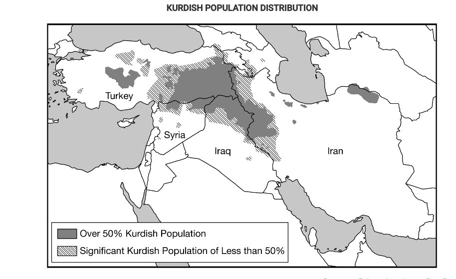 <p>Based on the information in the map, what is the most likely outcome of the possible establishment of an independent Kurdistan for the Kurdish people?</p><p>A.<span>The state of Turkey, seeking to connect areas with a substantial Kurdish population into an independent state, might take action against neighboring states.</span></p><p>B. <span>The Kurdish people, seeking a state of their own with a majority Kurdish population, might secede from or rebel against the states labeled on the map.</span></p><p>C. <span>The Kurdish people would have to migrate into a single country to gain a population majority and would struggle for control of the government.</span></p><p>D. <span>In areas with a Kurdish majority population, Kurdish people are politically active among Turks, Iranians, Iraqis, and Syrians and would be able to win an election on a national vote to secede.</span></p><p>E. <span>The countries shown on the map will cooperate and work together to address the political situation and needs of people in areas with a substantial Kurdish population. </span></p>