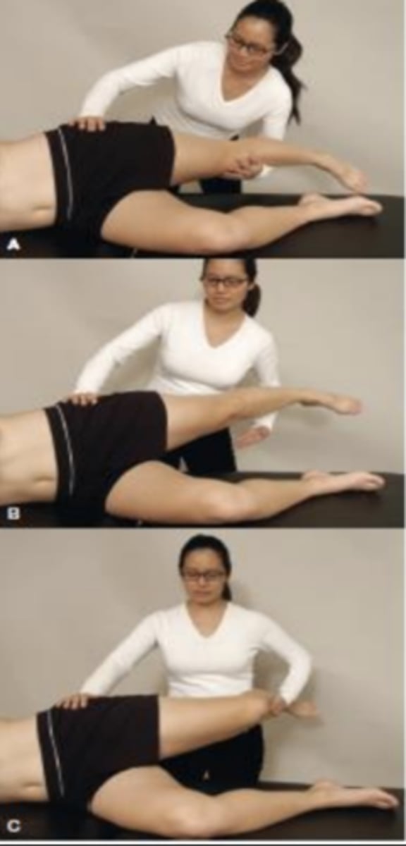 <p>- tightness of TFL / IT band</p><p>(+): leg remains abducted and does not fall to table</p>