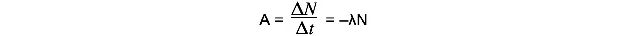 <p>A = activity of the sample (Bq)</p><p>ΔN = number of decayed nuclei</p><p>Δt = time interval (s)</p><p>λ = decay constant (s-1)</p><p>N = number of nuclei remaining in a sample</p>