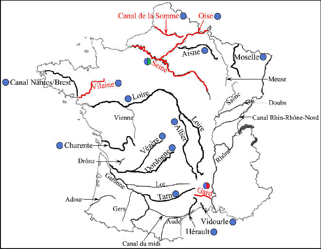 <ul><li><p>La Seine</p></li><li><p>La Loire</p></li><li><p>La Garonne</p></li><li><p>Le Rhône</p></li><li><p>Le Rhin (partially French)</p></li></ul>