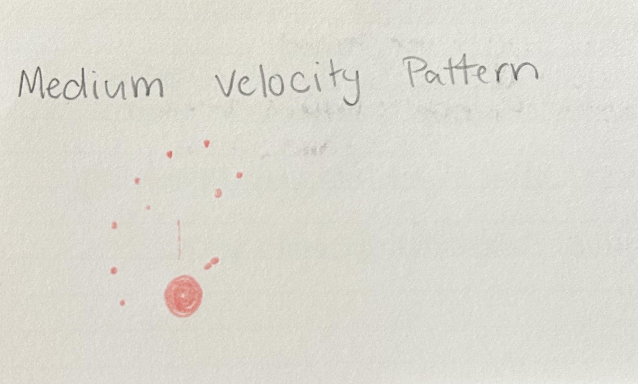 <p>Force: 5-10ft per sec</p><p>Diameter of droplets: between 1-4mm</p><p>Cause: Blunt object (first, bat), stabbing</p><p>Shape: some satellites and spikes</p>