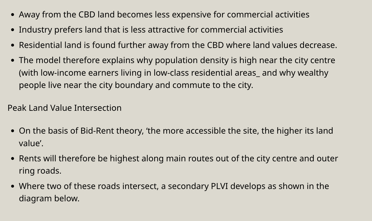 <p>Bid rent theory shows how the price and demand for land changes as the distance from the Central Business District (CBD) increases. Its basic assumptions are that the highest bidder gets the land and is expected to obtain maximum profit from the land. This is based on the idea that because businesses wish to maximize their profitability, they are willing to pay more money for land close to the CBD and less for land further away.</p>