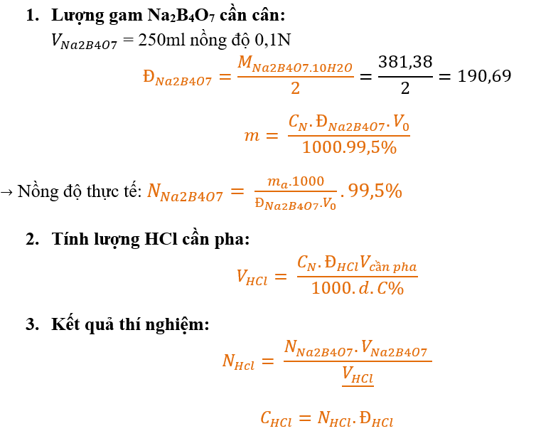 Đ = M/2

m = (C_N ** Đ * Vo) / 1000*

N = m*1000 / (Đ* \* Vo)

V = (C_N ** Đ * Vp * 100) / (1000*d*C%)*