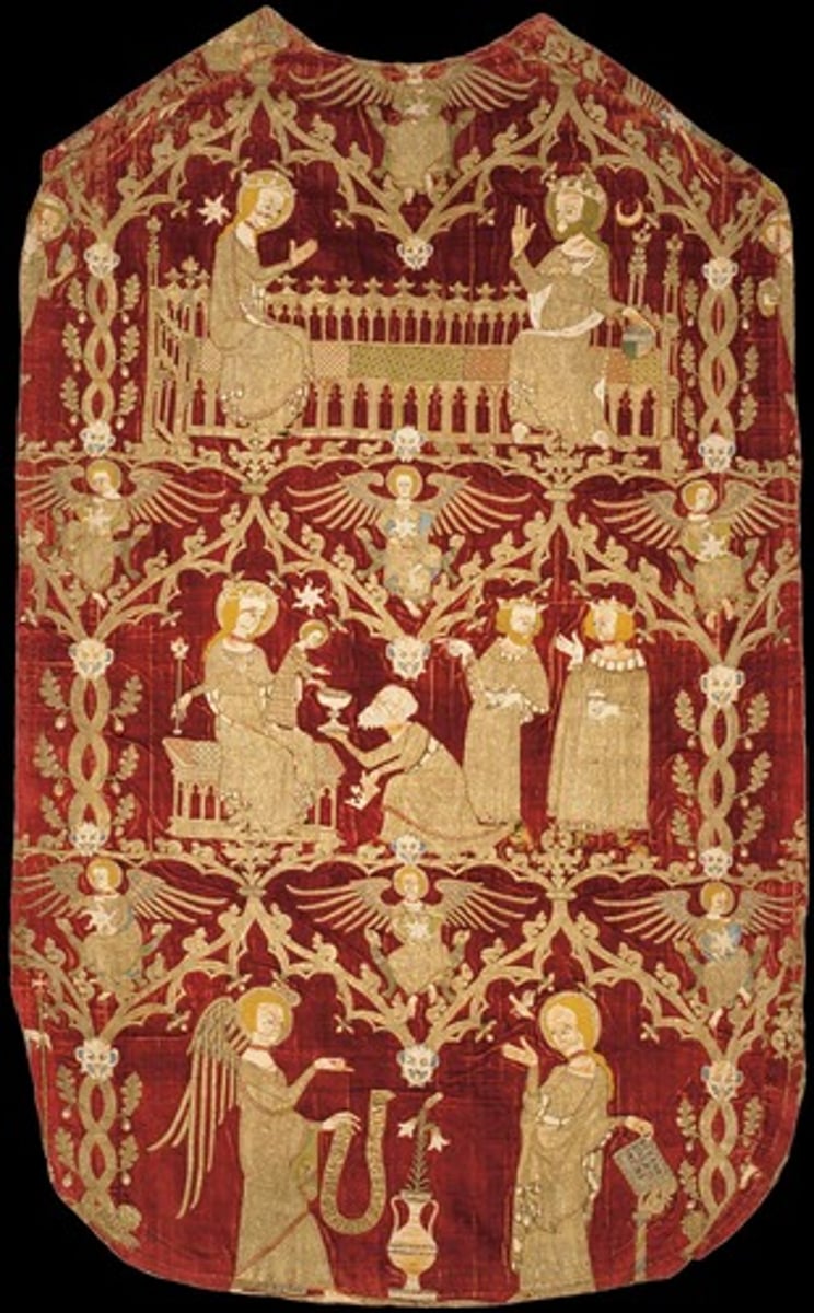 <p>"English work" pictorial needlework using colored silk and gold thread embroideries</p>