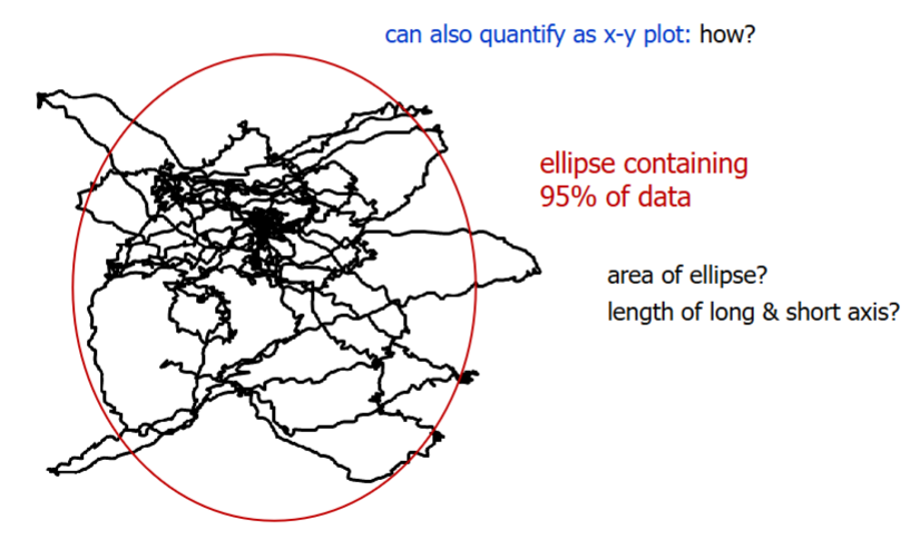 <ul><li><p>x-y plot using an ellipse: contains 95% of data to give room for unusual occurrences and contains 2 standard deviations.</p><ul><li><p>look at length of long and short axis: longer y-axis means moving more</p></li><li><p>angle of ellipse</p></li></ul></li></ul><p></p>