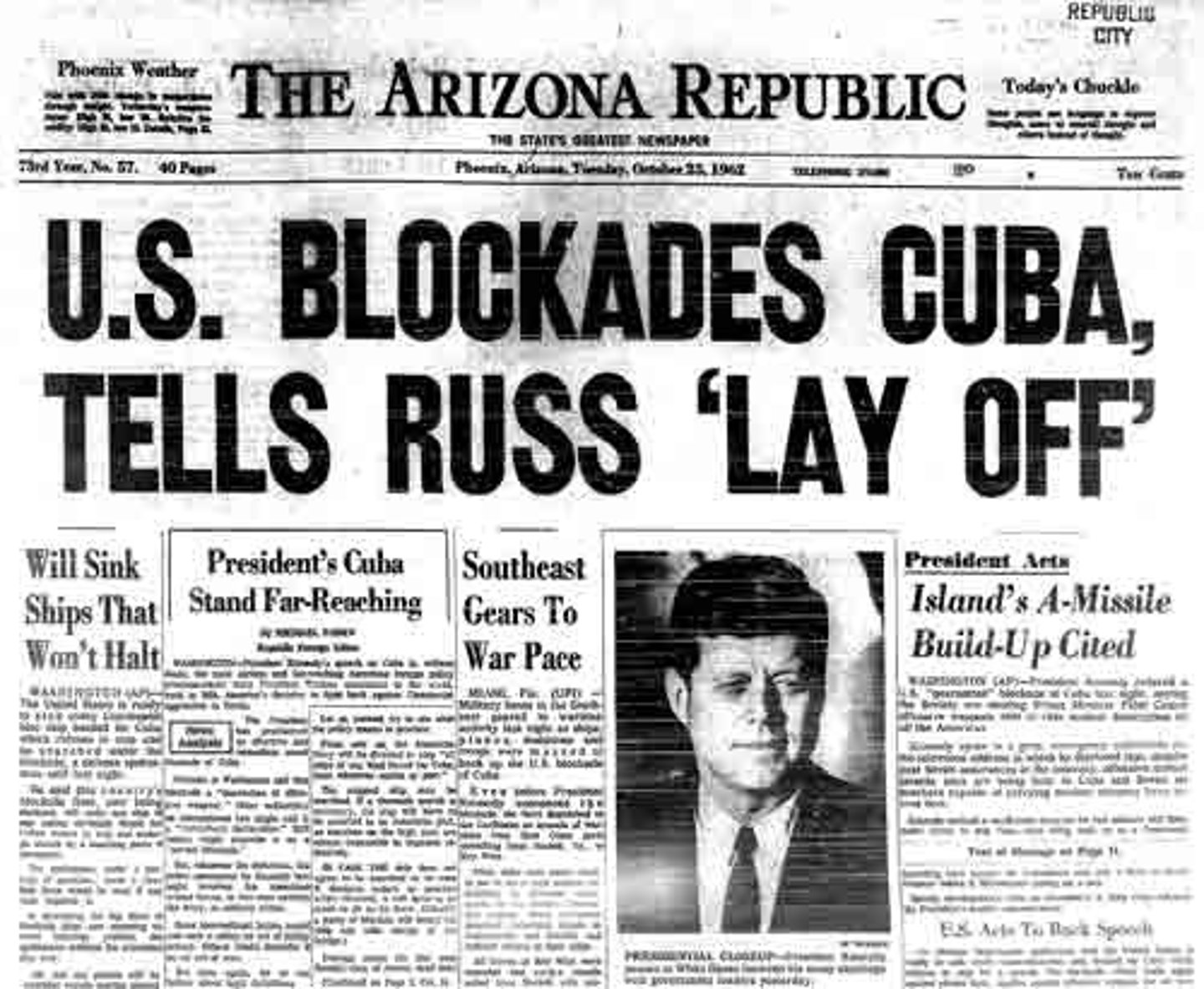 <p>A serious confrontation between the United States and the Soviet Union that began when the Soviets tried to put nuclear missiles in Cuba. The United States blockaded the island nation and the super powers were able to come to an understanding that could have resulted in nuclear war.</p>