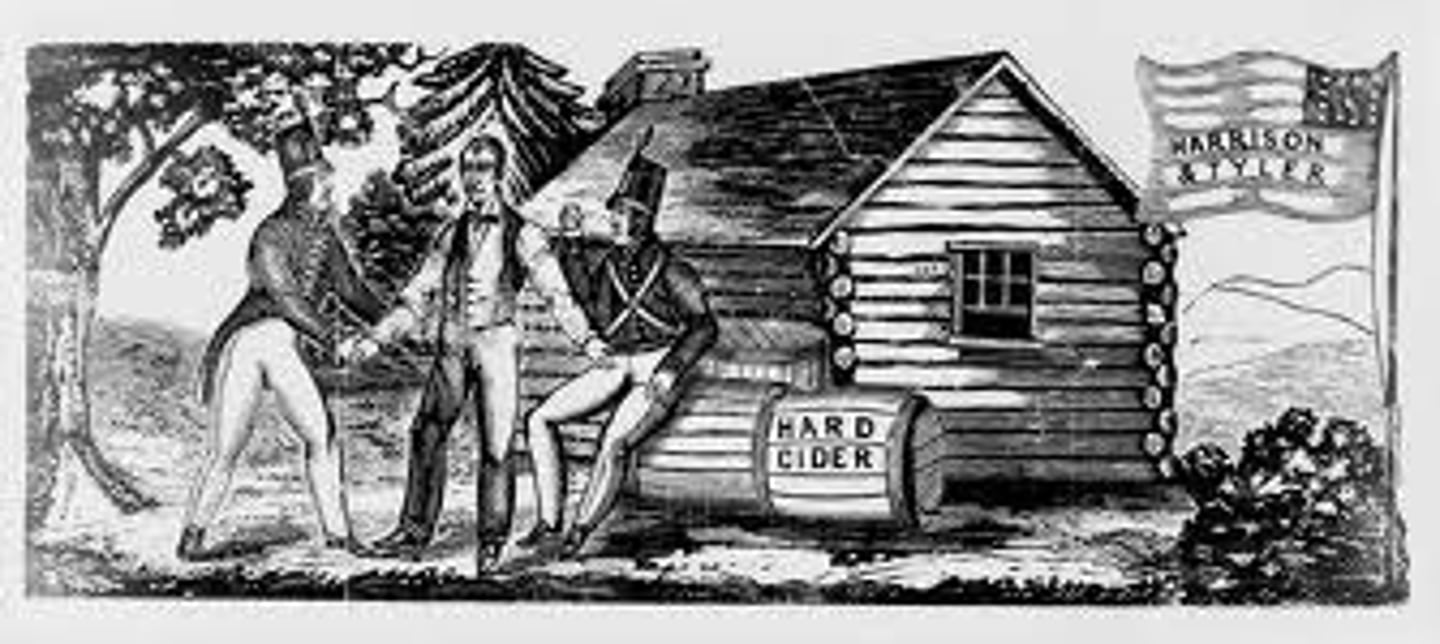 <p>The nickname for the for William Henry Harrison's campaign in the Election of 1840.<br><br>Harrison was the first presdient to acitvely campaign for office. He did so with the slogan "Tippecanoe and Tyler too," in reference to his military victory in 1811 against the Shawnee. <br><br>Making fun of his age, a Democratic newspaper stated he should be given a barrel of this drink. The Whig Party took the joke and used it as a way to make Harrison look like a man of the common people and his Democratic opponent Martin Van Buren was a rich, out-of-touch New Yorker.</p>