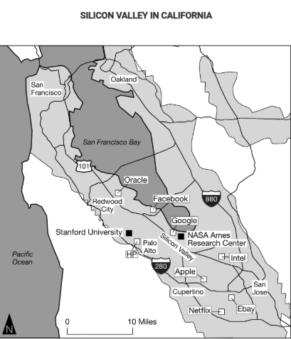 <p><span><span>California’s Silicon Valley is an example of a high-technology region. Which of the following would best accompany the map shown to help explain the origins of this high-technology region?</span></span></p>
