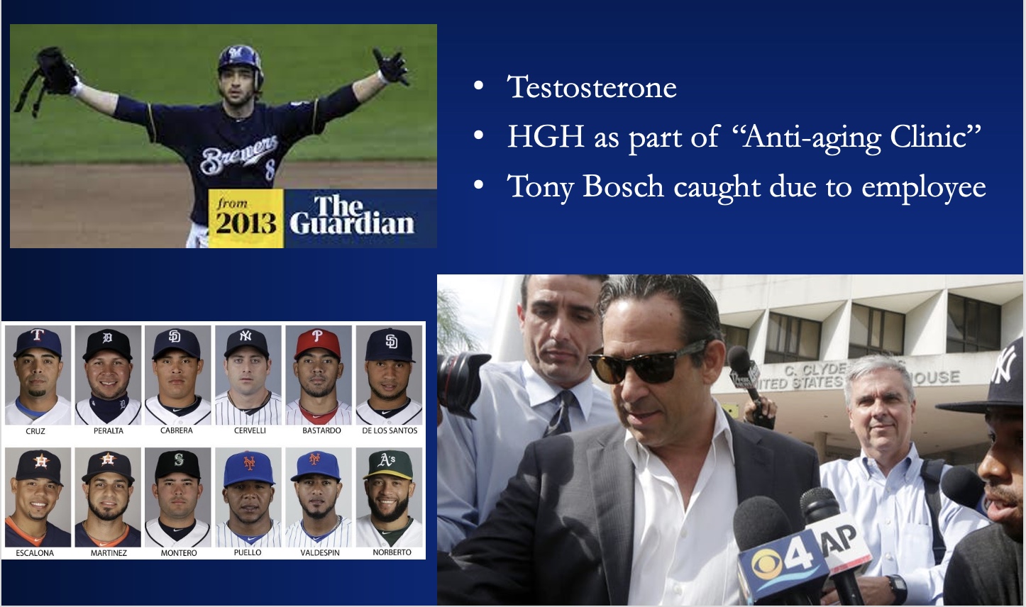 <p><span>-Testosterone</span></p><p><span>-HGH as part of “Anti-aging Clinic”</span></p><p><span>-Tony Bosch caught due to employee who wasn’t given a raise</span></p><p><span>*Brian Bran= Brewers player</span></p>