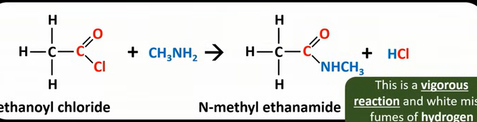 <ul><li><p>N- substituted amide </p></li><li><p>HCL </p></li><li><p>E.g If the amine is CH<sub>3</sub>NH<sub>2 </sub></p></li><li><p>The CL group of the acyl chloride is replaced with NHCH<sub>3</sub> </p></li></ul><p></p>