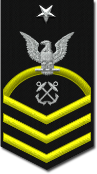 <p>gold fouled anchor behind silver USN with one silver star</p>