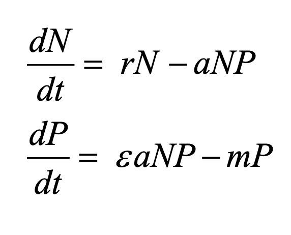 <ul><li><p>N=prey number</p></li><li><p>P=predator number</p></li><li><p>r=prey growth rate</p></li><li><p>m=predator mortality</p></li><li><p>a=predator efficiency</p></li><li><p>E=predator individuals produced per prey object</p></li></ul><p></p>