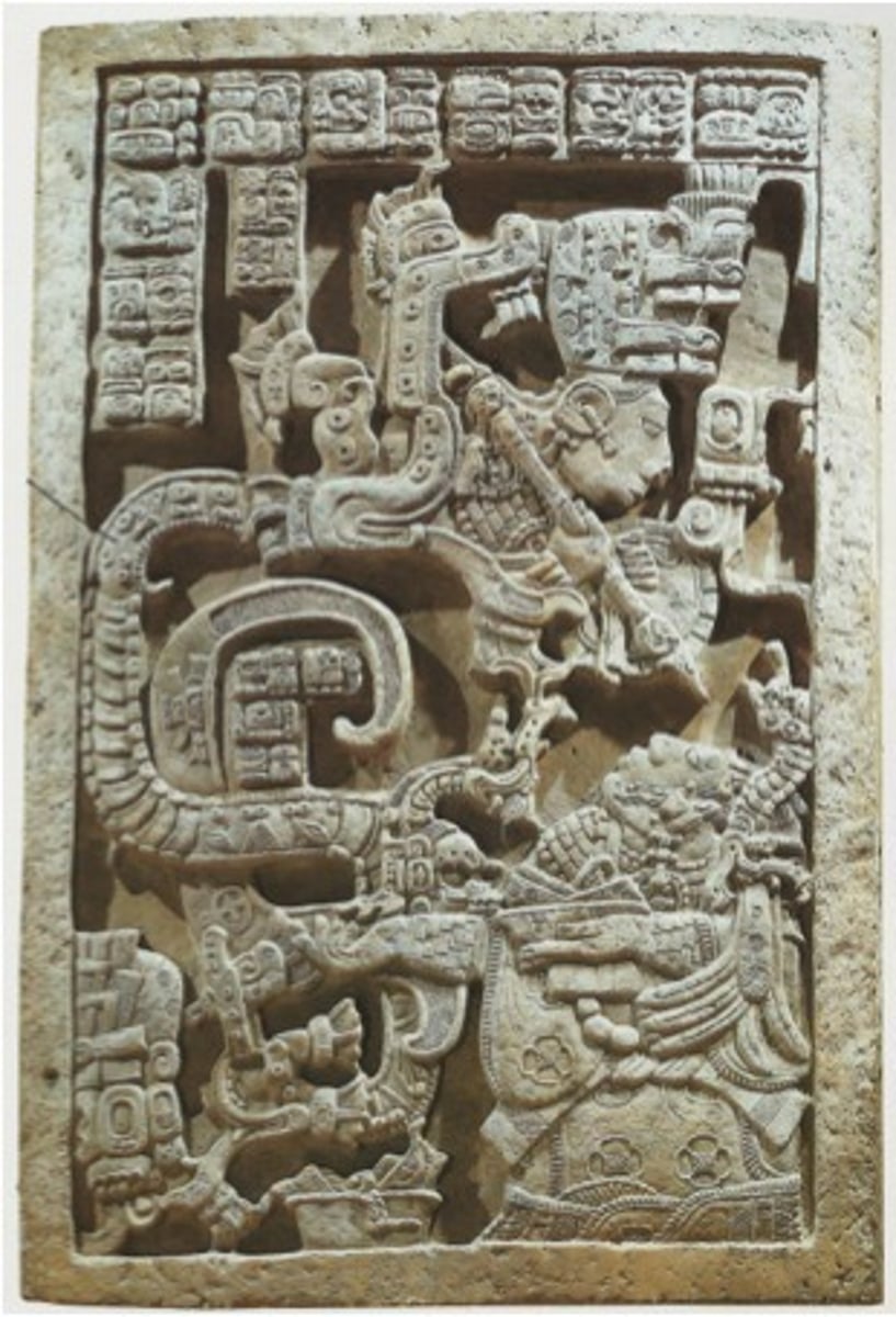 <p>Chipas, Mexico</p><p>Maya</p><p>725 CE</p><p>Form: Limestone (architectural complex)</p><p>"Lintel 25" shows Lady Xoc experiencing the after effects of the bloodletting ceremonies. Bloodletting rituals often elicited hallucinations, and Lady Xoc is experiencing a vision of a serpent with a figure appearing from its mouth. Lady Xoc is holding a bowl in her hand with a blood letting ceremonial item, such as a blood stained paper. The inscription on this lentil is written backwards, and cites the event as the date her husband Shield Jaguar took the throne.</p>