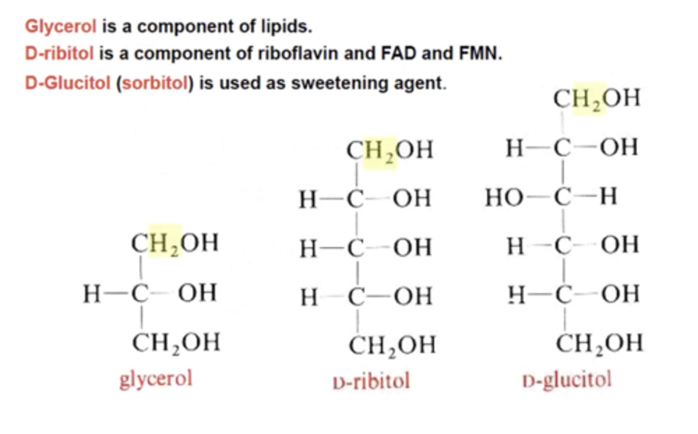 <p>Glycerol, D-ribitol, D- glucitol (sorbitol)</p>