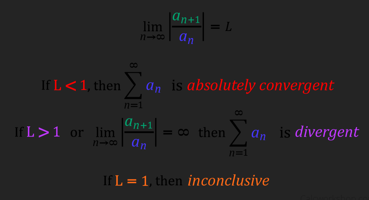 if 0 <= L < 1, then an converges absolutely

If L > 1 then it diverges

If L = 1, the test provides no info