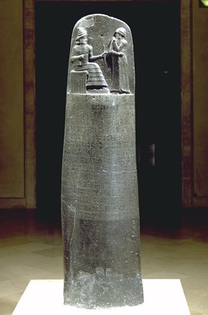 <p>set of laws drawn up by Babylonian king Hammurabi in the 18th c. BCE; emphasized the concept of "lex talionis", or law of retaliation (ex: "an eye for an eye")</p>