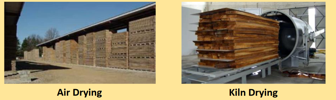 <p> The controlled drying of lumber</p><p>Methods:</p><p>• Air drying</p><p>• Kiln drying</p><p>Why?</p><p>• Increase strength</p><p>• Lower shrinkage in service</p><p>• Improve decay resistance</p><p>• Reduce the weight</p><p>• Needed to apply</p><p>preservative treatment</p>