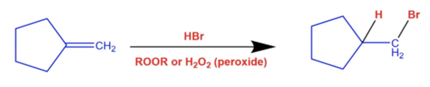 <p>use hydrobromination with peroxide (ROOR):</p><p>add HBr and peroxide, which adds Br to the less substituted side and H to the more substituted side</p><p>-this does not cause rearrangements!</p>