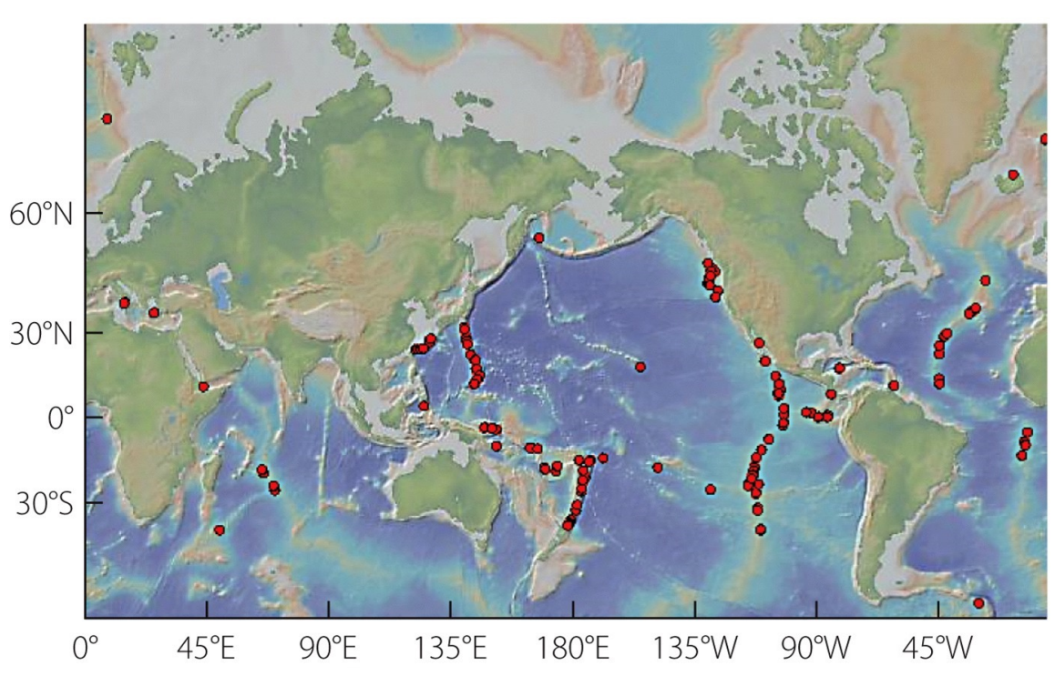 <p>mid-ocean ridges, volcanic arcs and back arcs, hot spot volcanos all can form hydrothermal vents </p>