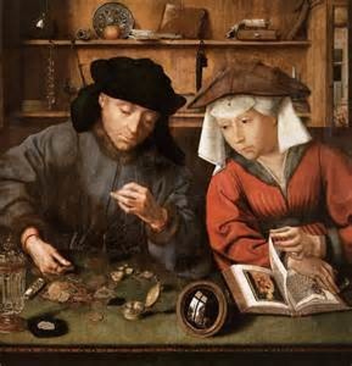 <p>scene of everyday life: financial transaction, detailed rendering of the figures, objects and setting, comments of netherlandish values, financial transactions distracted from religious values</p>