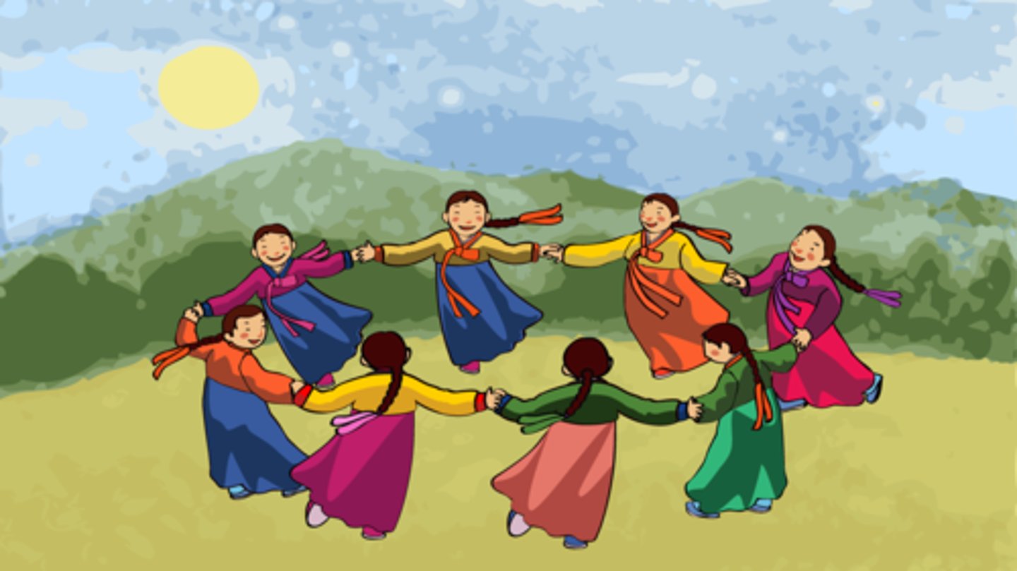 <p>menyanyikan lagu sambil membentuk lingkaran (tari tradisional korea)</p>