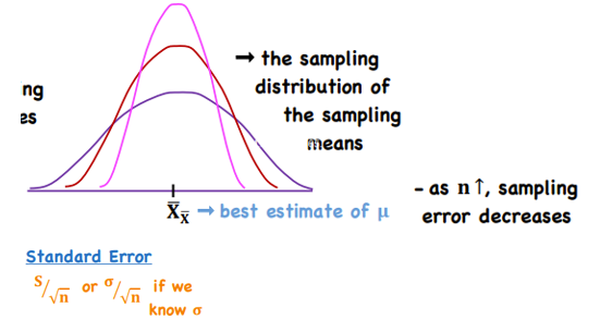 <ul><li><p>Definition - Standard deviation of sample means around population means </p></li><li><p>Central Limit Theorem - Sampling distribution of the mean will always be normally distributed, as long as the sample size is large enough (tapers at around n=200)</p></li></ul>