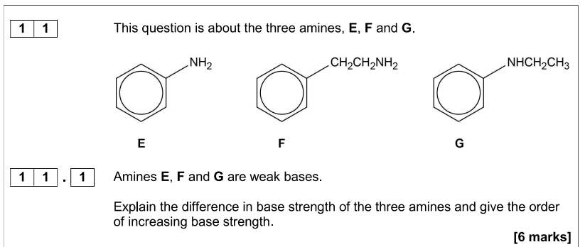 <p>What is the <strong>Order of Increasing Base Strength</strong> for amines E, F, and G?</p>
