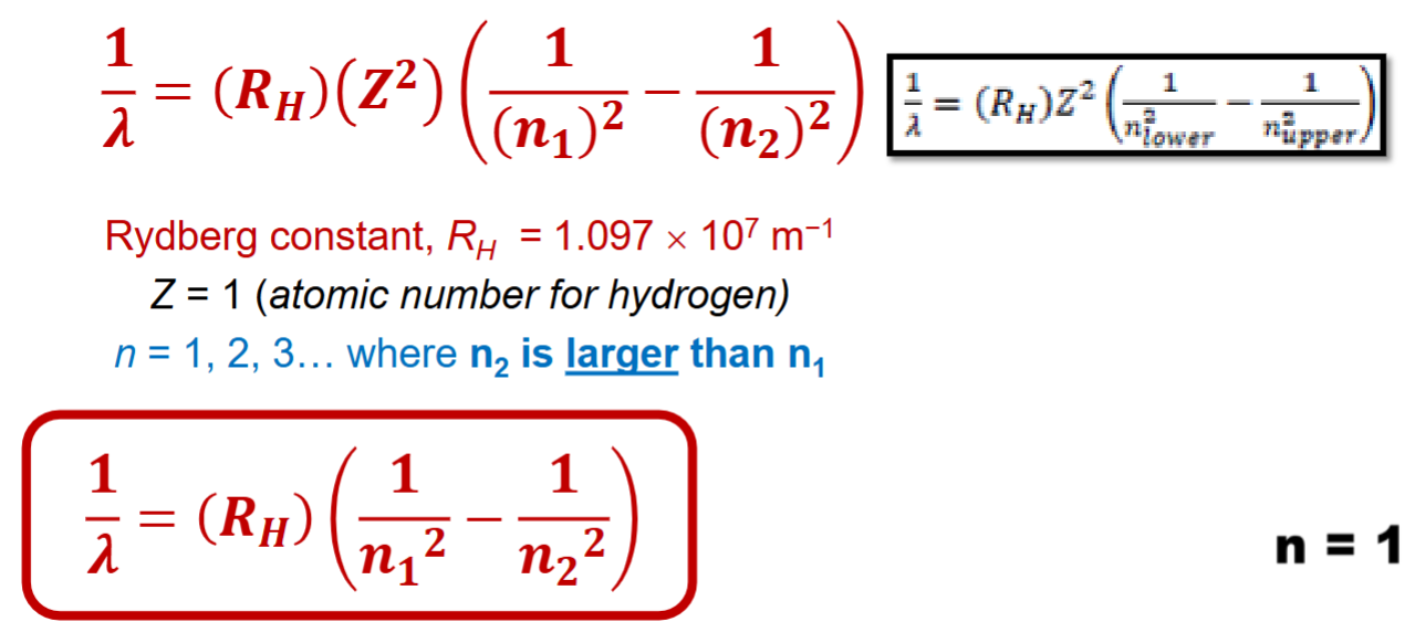 <p>Used to calculate the wavelengths for hydrogen.<br>Use the smaller one for n1, and the larger number for n2<br>R<sub>H</sub>=1.097 × 10<sup>7</sup>m<sup>-1</sup></p>