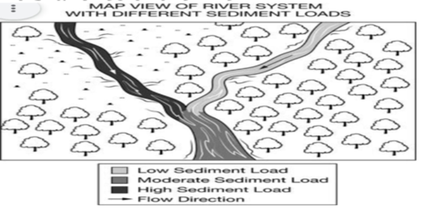 <p>Two branches of a river have different sediment loads. Based on the diagram, what is most likely to lead to the differences in the amount of sediment in the two branches of the river?</p>