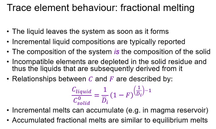 <p>Incompatible elements (prefer the liquid) are rapidly depleted in the solid residue, so liquids are also rapidly depleted.</p><p>Compatible elements (prefer the solid) are initially retained in the solid, so the last liquids are relatively enriched. </p>