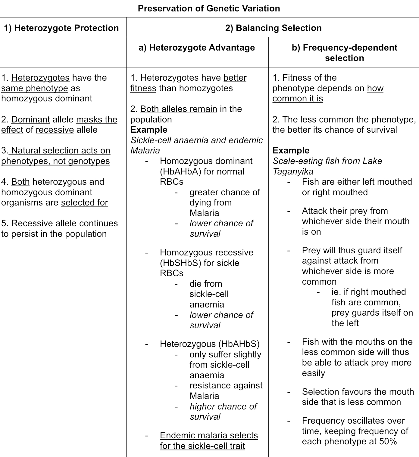 <p><strong>1) Diploidy / heterozygote protection</strong></p><p><strong>2) Balancing selection → occurs when natural selection maintains 2 or more alleles at a locus</strong></p><p>i) heterozygote advantage</p><p>ii) frequency-dependent selection</p>