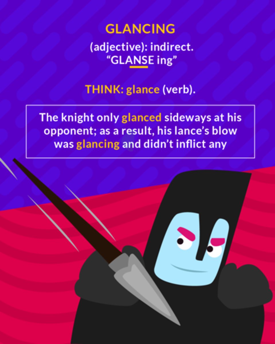 <p>taking a quick look at something</p><p>(adj.) indirect</p>