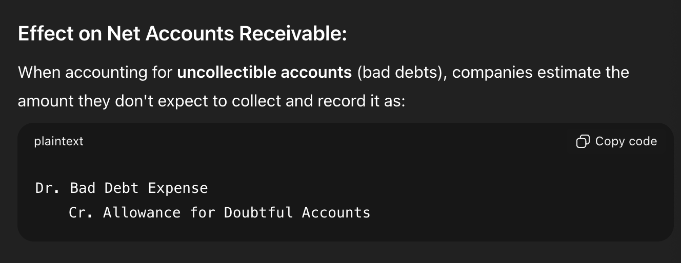 <p>They record bad debt (as image)</p><ul><li><p>Net Accounts Receivable = Accounts Receivable - Allowance for Doubtful Accounts </p></li></ul><p>Allowance reduces the amount reported as net accounts receivable, <strong>giving a more accurate picture of what the company expects to actually collect </strong></p><p></p>
