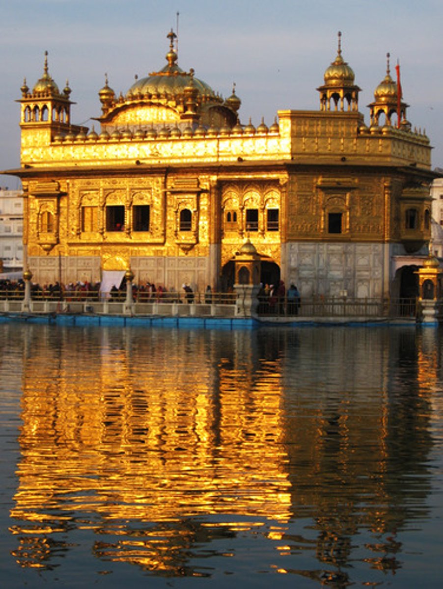 <p>the holiest shrine of Sikhism. It is located in Amritsar, and was founded by the guru arjun dev</p><p>-where sikhs meet and worship.</p><p>-houses original guru granth sahib</p><p>-rebuilt in marble and copper and overlaid w/ gold</p>