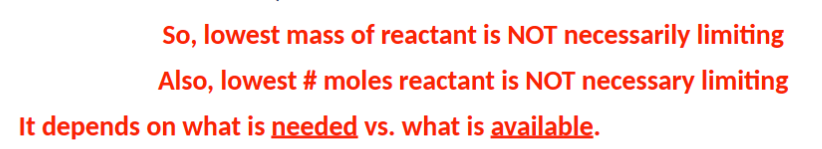 <p>use the stoichiometric ratios and  compare the number of moles of each starting material available against the number of moles required to make the desired product</p>