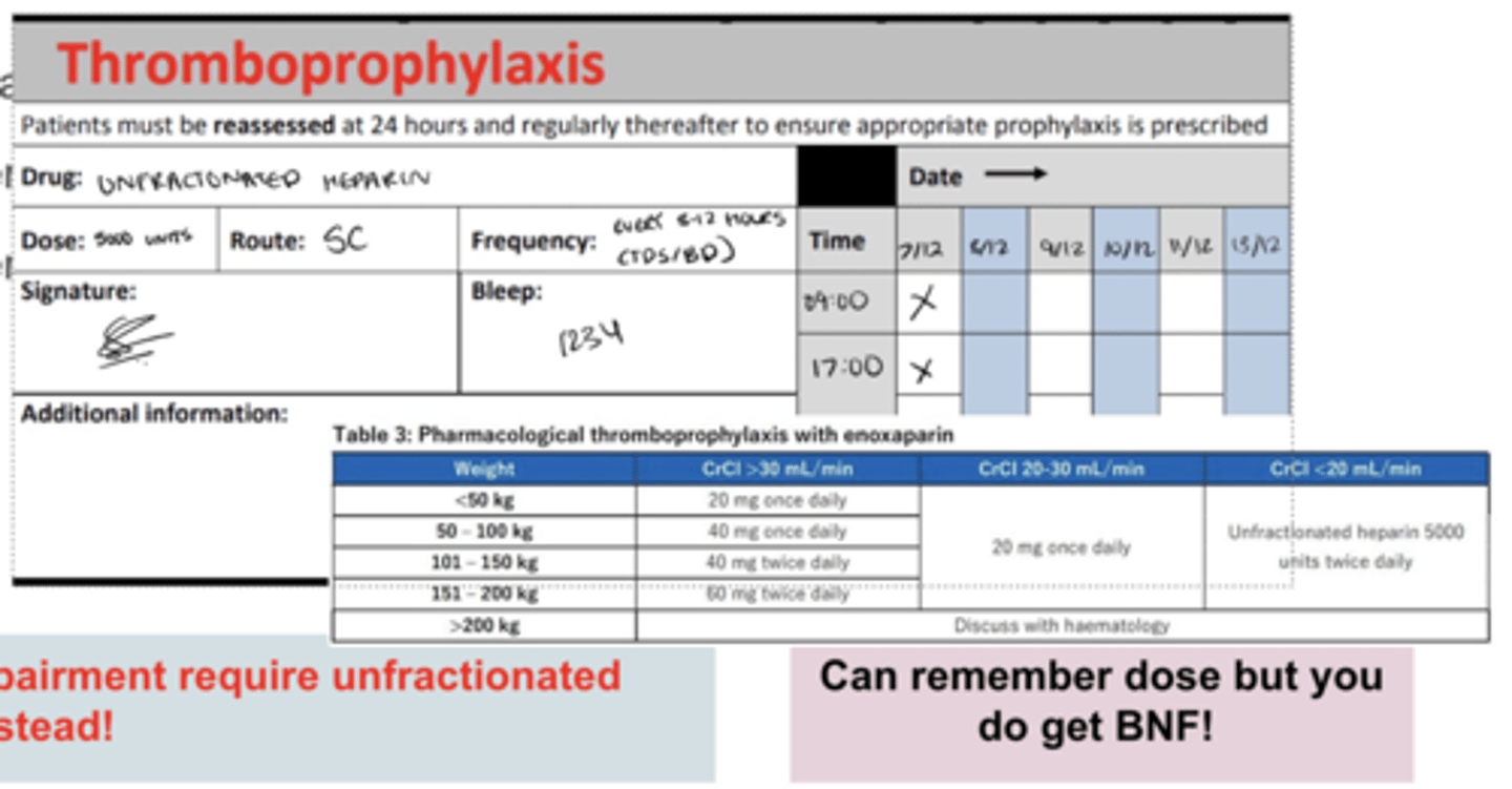 <p>enoxaparin SC 40mg OD</p><p>in thromboprophylaxis section!!</p><p>OR</p><p>in renal impairment</p><p>5000 units unfractionated heparin BD (every 8-12 hours)</p>