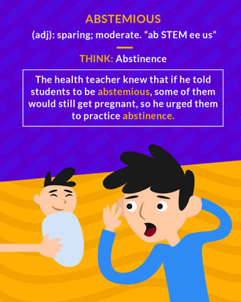 <p>(adj.) moderate, sparing (as in eating and drinking); characterized by abstinence and self-discipline</p><p>(adj.) following abstinence</p>