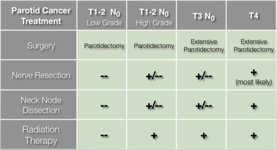 <p>extensive parotidectomy + nerve resection + neck node dissection + radiation therapy</p>