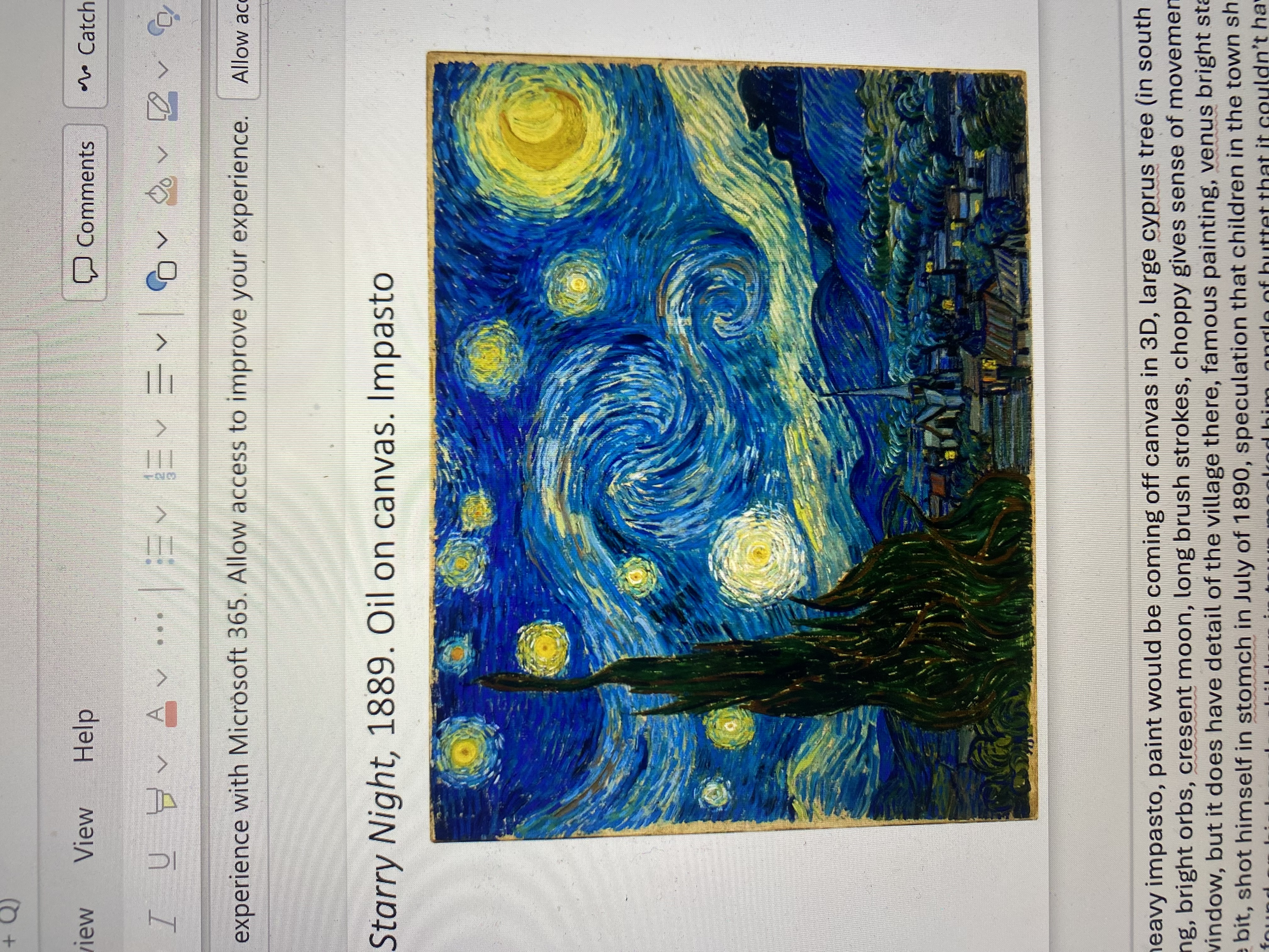 <p><span>Van Gogh, <em>Starry Night, </em>1889. Oil on canvas. Impasto</span></p>