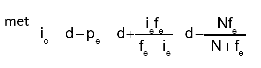 <ul><li><p>m = m<sub>o</sub>* m<sub>e</sub> = (1 - i<sub>o</sub>/f<sub>o</sub> ) * (1 - i<sub>e</sub>/f<sub>e</sub> ) = i<sub>o</sub>i<sub>e</sub>/f<sub>o</sub>f<sub>e</sub> </p></li><li><p>met i<sub>e</sub> ≈ -N (nabijheidspunt ≈ 25cm)</p></li><li><p>m = - i<sub>o</sub>N/f<sub>o</sub>f<sub>e</sub></p></li></ul><p></p>